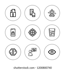 Idea icon set. collection of 9 outline idea icons with beer, creativity, eye, nerd, smartphone, talk, target icons. editable icons.