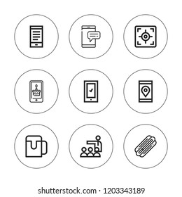 Idea icon set. collection of 9 outline idea icons with beer, hot dog, meeting, smartphone icons. editable icons.