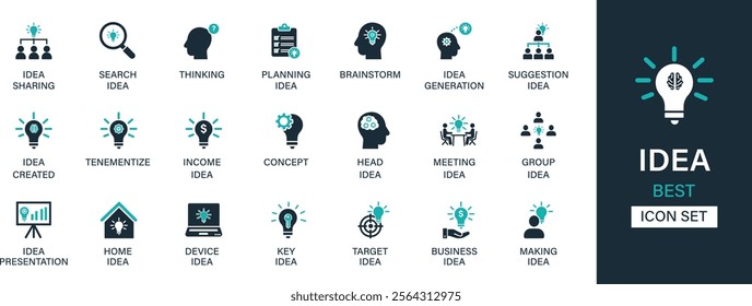 Idea icon set collection. haring, search, thinking, planning, brainstorm, generation, suggestion, created, and best solid icon set.
