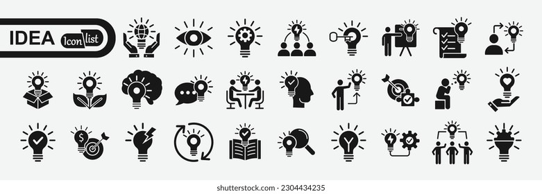 Juego de iconos Idea. Ideas creativas, tormentas de ideas, soluciones, ideas e íconos de innovación. Bombilla de luz con símbolo cerebral ilustración vectorial. Colección de iconos sólidos.

