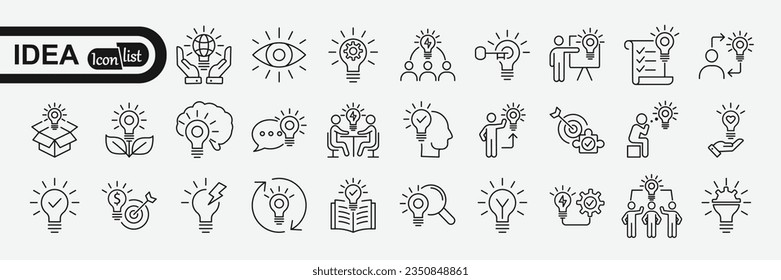 Idea icon set. Creative idea, brainstorming, solution, thinking and innovation icons. Lightbulb with brain symbol vector illustration. Solid icon collection.
