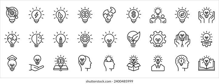 Idea icon set. Creative idea, brainstorming, solution, thinking and innovation icons. vector illustration on white background