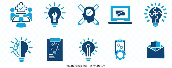 Idea icon set. Creative idea, brainstorming, solution, thinking and innovation icons. Lightbulb with brain symbol vector illustration
