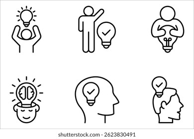 Idea icon set. Creative idea, brainstorming, solution, thinking and innovation icons. human with brain symbol vector illustration on white background 