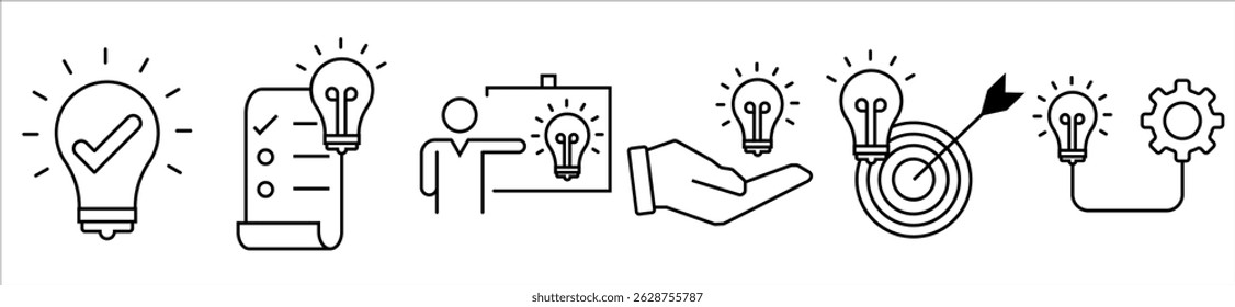 Idea icon set. Creative idea, brainstorming, solution, thinking and innovation icons. Lightbulb with brain symbol vector illustration. Solid icon collection.