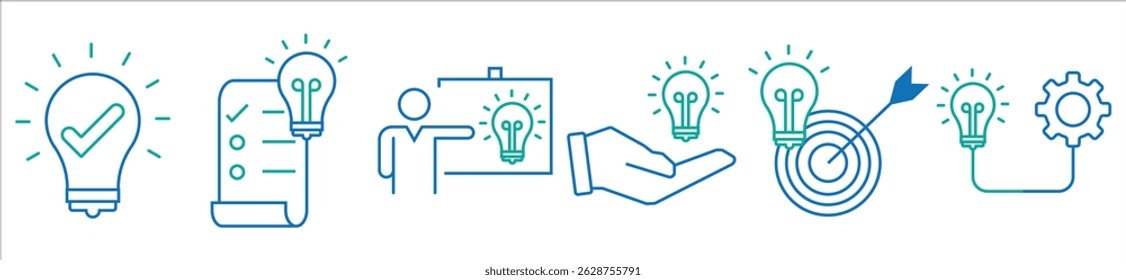 Idea icon set. Creative idea, brainstorming, solution, thinking and innovation icons. Lightbulb with brain symbol vector illustration. Solid icon collection.
