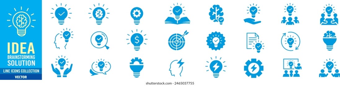 Idea icon set. Creative, business, solution, brainstorming, innovation, Lightbulb, brain, meeting, thinking and management. Editable stroke icons collection vector illustration. 