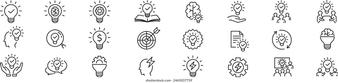 Conjunto de iconos de idea. Creativo, negocio, solución, lluvia de ideas, innovación, Lightbulb, cerebro, reunión, pensamiento y gestión. Iconos de trazo editables Ilustración vectorial de colección. 