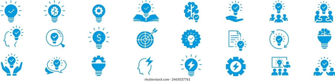 Idea icon set. Creative, business, solution, brainstorming, innovation, Lightbulb, brain, meeting, thinking and management. Editable stroke icons collection vector illustration. 