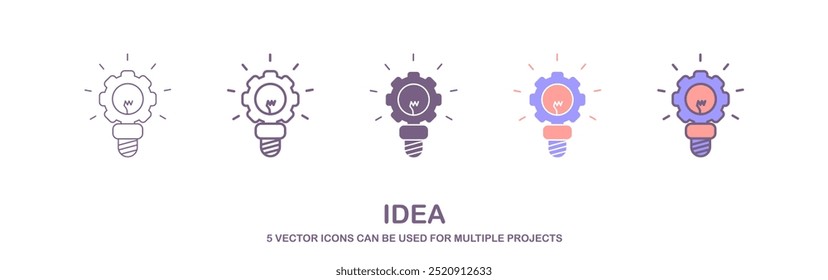 Conjunto de iconos de idea. Creativo, negocio, solución, lluvia de ideas, innovación, Lightbulb, cerebro, reuniones, pensamiento y gestión. Iconos de trazo editables colección, un conjunto de iconos con 5 estilos diferentes