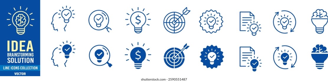 Idea icon set. Creative, business, solution, brainstorming, innovation, Lightbulb, brain, meeting, thinking and management. Editable stroke icons collection vector illustration. 