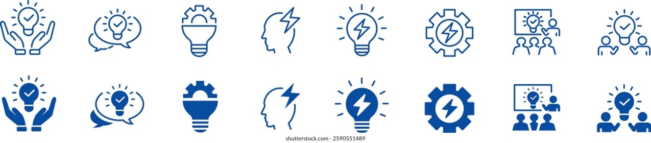 Idea icon set. Creative, business, solution, brainstorming, innovation, Lightbulb, brain, meeting, thinking and management. Editable stroke icons collection vector illustration. 