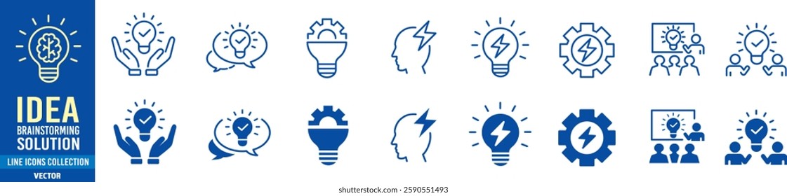 Idea icon set. Creative, business, solution, brainstorming, innovation, Lightbulb, brain, meeting, thinking and management. Editable stroke icons collection vector illustration. 