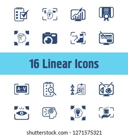 Idea icon set and design with kerning, video service and certificate. Camera related idea icon vector for web UI logo design.