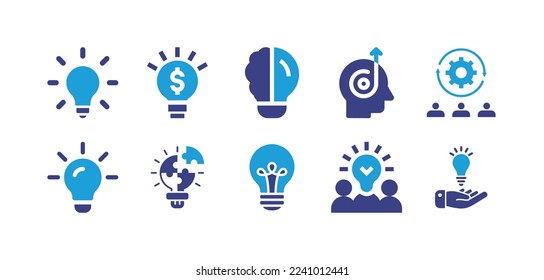 Idea icon set. Duotone color. Vector illustration. Containing idea, development, exchange, light bulb, creative team, puzzle.