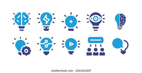Idea icon set. Duotone color. Vector illustration. Containing idea, light bulb, vision, knowledge, networking, brainstorming.
