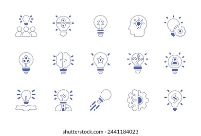 Conjunto de iconos de idea. Trazo de línea de estilo duotono y negrita. Ilustración vectorial. Conteniendo idea, solución, bombilla, creatividad, cerebro, inteligencia.