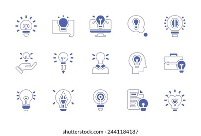 Ideensymbolsatz. Linienstrich im Duotonstil und fett. Vektorgrafik. Enthaltende Anwendung, Hauptidee, Glühbirne, Idee, Glühbirne, Glühbirne, Innovation, Geschäftsidee.