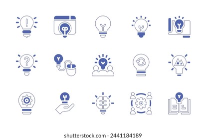 Idea icon set. Duotone style line stroke and bold. Vector illustration. Containing lightbulb, idea, creative team, light bulb, solution, creativity, workshop.