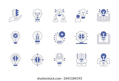 Ideensymbolsatz. Linienstrich im Duotonstil und fett. Vektorgrafik. Enthalten Wissen, Innovation, Buch, Kreativität, Team, Idee, Teamarbeit, Ideen, Geschäftsidee.