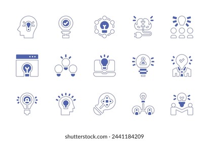 Conjunto de iconos de idea. Trazo de línea de estilo duotono y negrita. Ilustración vectorial. Contiene descubrir, portátil, conocimiento, estratégico, mente, buena idea, bulbo de idea, idea.