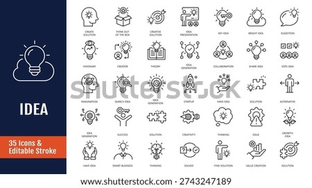 Idea icon set. Icons related to Creative idea, brainstorming, solution, thinking and more. Outline icon with Editable stroke. Vector illustration