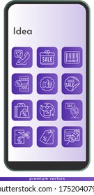 idea icon set. included gift, online shop, shopping bag, sale, shirt, like, voucher, price tag, phone call, placeholder, barcode icons on phone design background . linear styles.