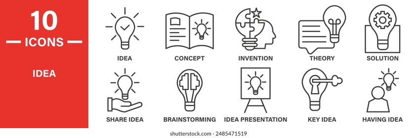 idea icon set. includes idea, concept, invention, theory, solution, share idea, brain storming, idea presentation, and more icons. outlined icon collection. vector illustration.