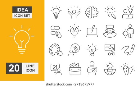 Ideensymbolsatz. Innovation, Brainstorming, Denken, Verstand, Glühbirne und mehr Linie Symbol.
