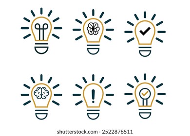 Conjunto de iconos de idea. Ilustración vectorial de bombilla. estilo de diseño de contorno.  Signo delgado de innovación, solución, logotipo de la educación. Plantilla de diseño de Vector