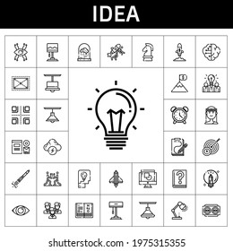 idea icon set. line icon style. idea related icons such as alarm clock, goal, brainstorm, idea, branding, muse, graphic design, lamp, team, rocket ship, brain, thinking, creative