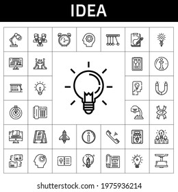 idea icon set. line icon style. idea related icons such as alarm clock, goal, idea, bulb, graphic design, lamp, telephone, ideas, team, menu, thinking, magnet, creative, newtons cradle