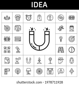 idea icon set. line icon style. idea related icons such as alarm clock, creative process, idea, real estate, graphic design, muse, lamp, team, menu, thinking, magnet, catalogue
