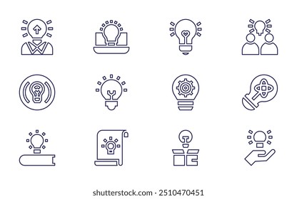 Conjunto de iconos de idea. Estilo de línea. Trazo editable. idea, conocimiento, bombilla, creatividad, ideas, amor.