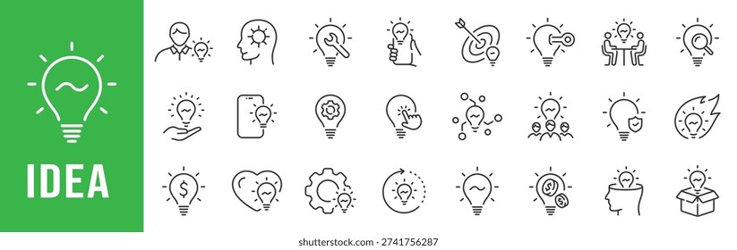 Idea icon set representing innovation, creativity, brainstorming, problem solving, and inspiration concepts in clean outline style with editable stroke 