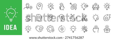 Idea icon set representing innovation, creativity, brainstorming, problem solving, and inspiration concepts in clean outline style with editable stroke 
