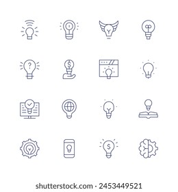 Idea icon set. Thin line icon. Editable stroke. Containing lightbulb, cogwheel, question, idea, businessidea, study, brain.