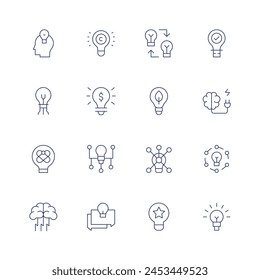 Idea icon set. Thin line icon. Editable stroke. Containing light, innovation, think, brainstorming, copyright, discussion, dollar, share, exchangeideas, idea, ideaconcept, brain, goodidea, discover.