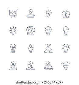 Idea icon set. Thin line icon. Editable stroke. Containing designer, brainstorming, presentation, lightbulb, thinkdifferent, innovation, idea, synergy.