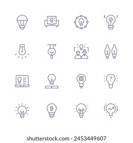 Conjunto de iconos de idea. Icono de línea fina. Trazo editable. Contiene bombilla, creatividad, iluminación inteligente, conversación, educación, libro, bitcoin, idea, ideas, noidea, crecimiento.