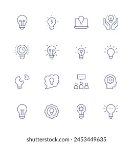 Idea icon set. Thin line icon. Editable stroke. Containing lightbulb, problemsolving, idea, lamp, mind.