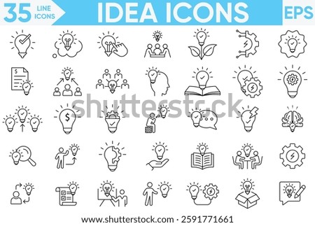 Idea icon set.teamwork, co-workers, cooperation, solution, motivation, brainstorming, goal, brainstorming, thinking, innovation and more.Vector and illustrator set.