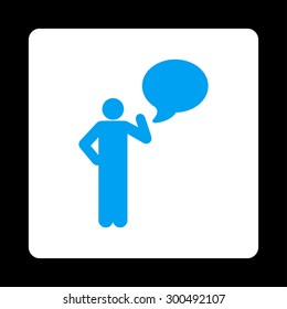 Idea icon. This flat rounded square button uses blue and white colors and isolated on a black background.