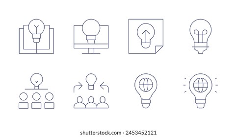 Ideen-Symbole. Bearbeitbarer Strich. Enthält Buch, Brainstorm, Innovation, Idee, global, Glühbirne, Team.