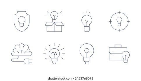 Iconos de ideas. Trazo editable. Conteniendo escudo, cerebro, bombilla, extraordinaria, idea, idea de negocio.