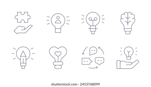 Iconos de ideas. Trazo editable. Contiene bombilla, rompecabezas, idea, ideas, pensamiento creativo, mano.