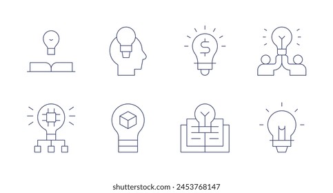 Iconos de ideas. Trazo editable. Conteniendo innovación, aprendizaje, idea, energía, socio.