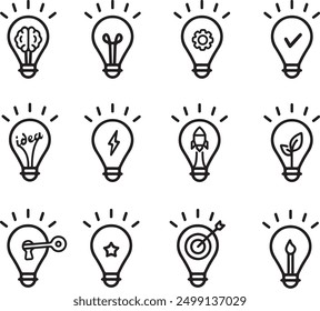 Idea icons. flat line set of icons. Brain, rocket, candle, star, key, leaf symbols in lightbulb vector illustration. used for criativity, innovation, solution, business and education industry.