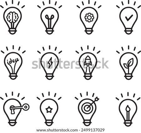 Idea icons. flat line set of icons. Brain, rocket, candle, star, key, leaf symbols in lightbulb vector illustration. used for criativity, innovation, solution, business and education industry.