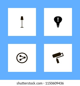 idea icons. floor lamp, attention sign bulb, paint roller and share sign vector icons set